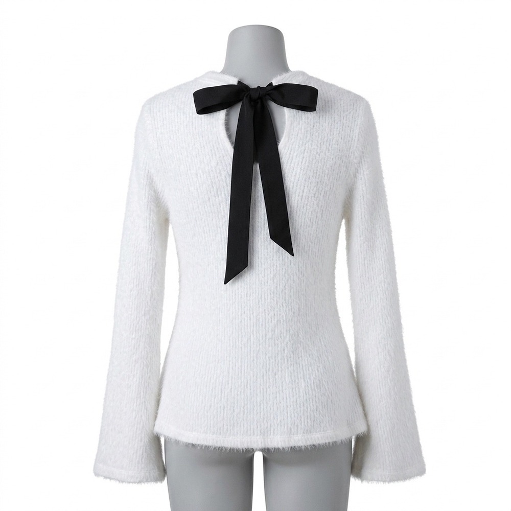 Maeve Tie-Back Bell-Sleeve Top Womens S White Fuzzy Eyelash Knit Open Back Bow